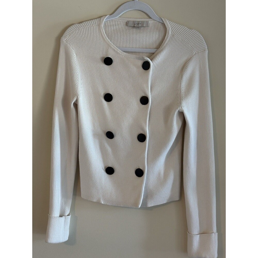 LOFT Sweater Jacket Womens L Ivory Ribbed Double Breasted Black Button Cotton